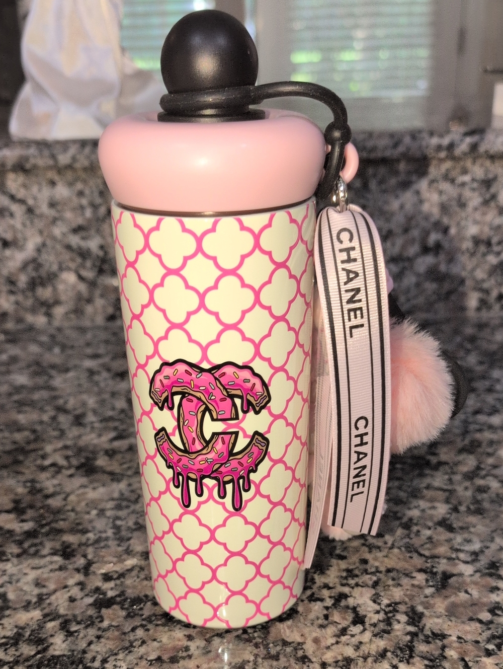 Pink & White Patterned Water Bottle with Pom Pom Charm